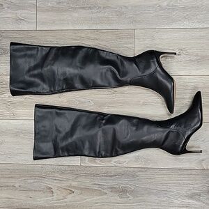 Chales David Size 7 Black Leather "Piano" Over the Knee Boots NEW